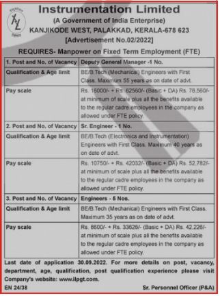 Vacancy in Instrumentation Limited - Latest Government Jobs